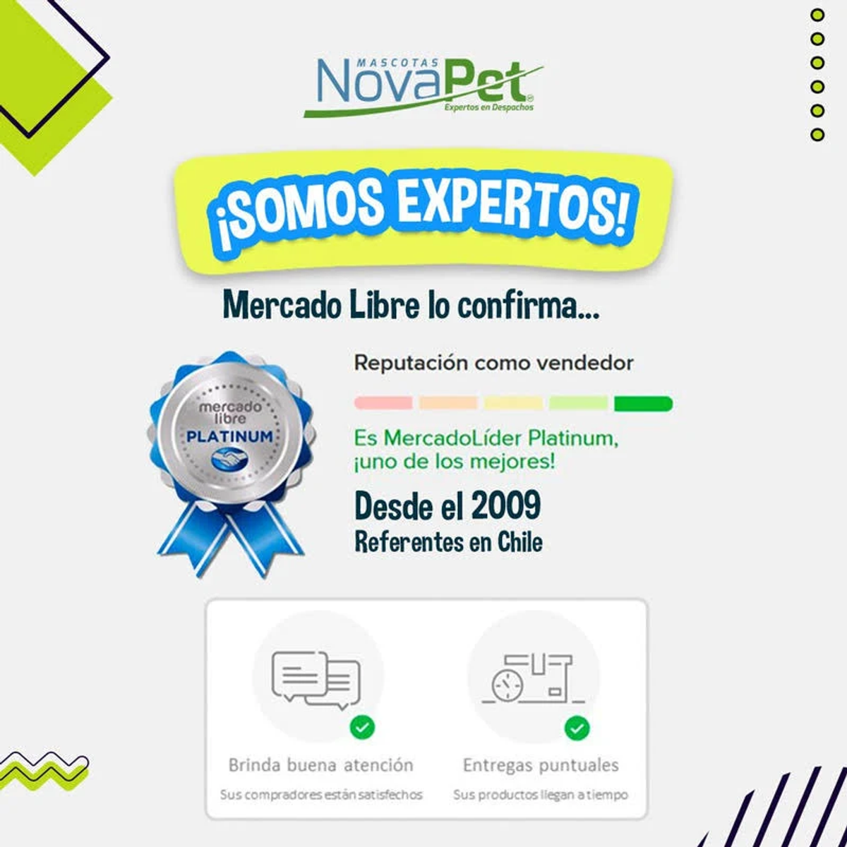 Baner reklamowy NovaPet pokazujący reputację sprzedawcy MercadoLibre Platinum.