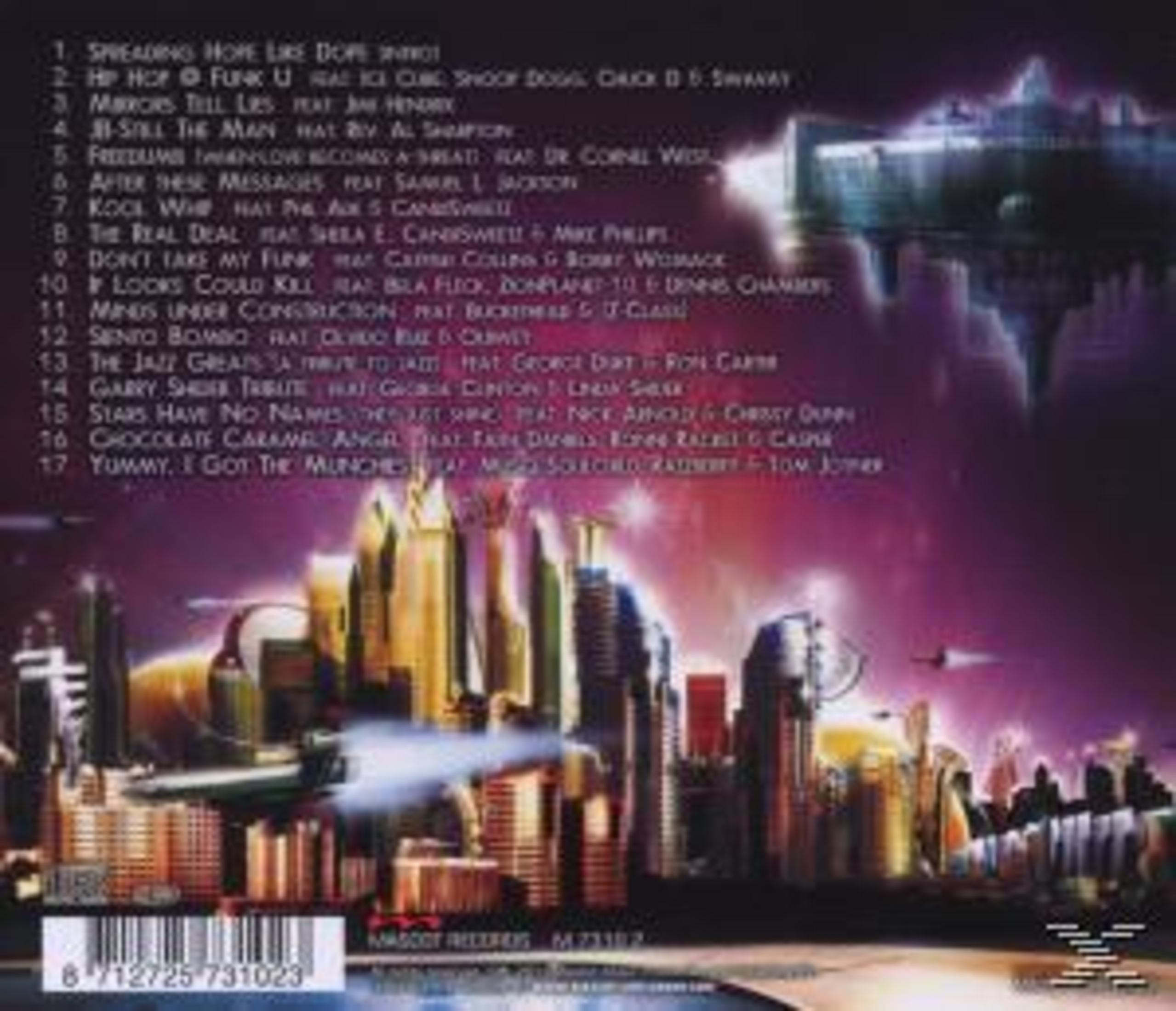 Futuristische nächtliche Stadtsilhouette mit einer Titelliste links und einem Barcode unten.