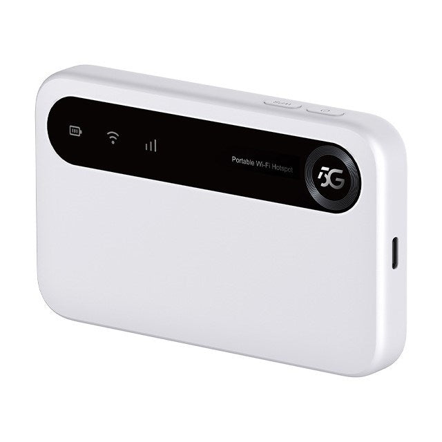 Ein weißer, tragbarer 5G-WLAN-Hotspot mit schwarzem Display-Streifen.