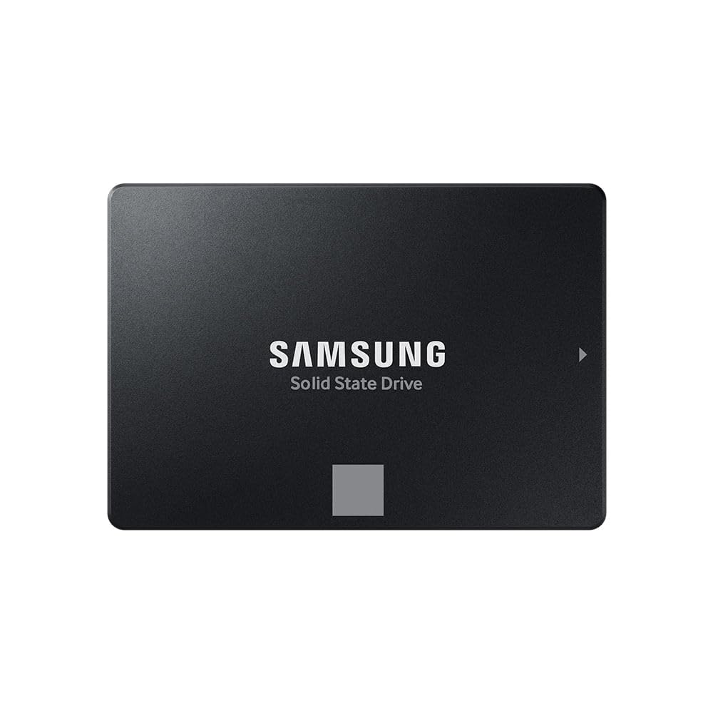 Unità a stato solido Samsung nera su sfondo bianco con testo bianco e un quadrato grigio.