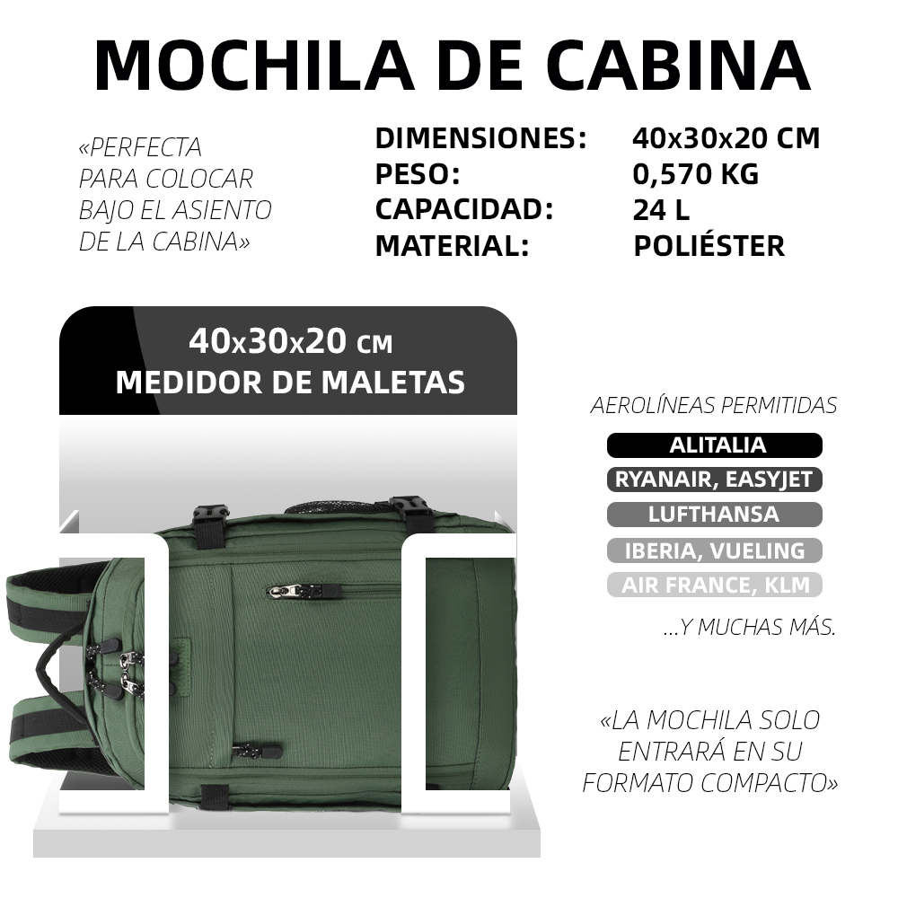 Mochila de cabina verde 40x30x20 cm con especificaciones y aerolíneas permitidas.