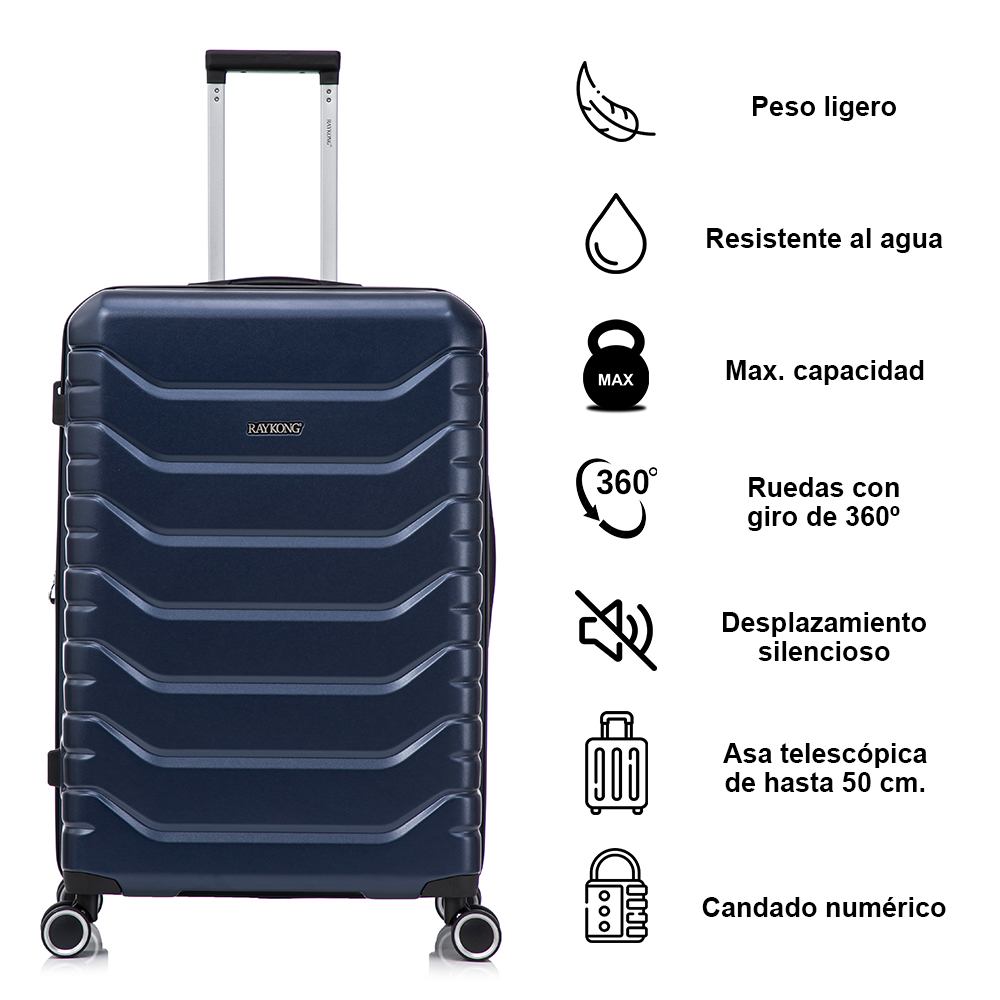 Una maleta azul rígida con ruedas y asa telescópica, junto a iconos que describen sus características.