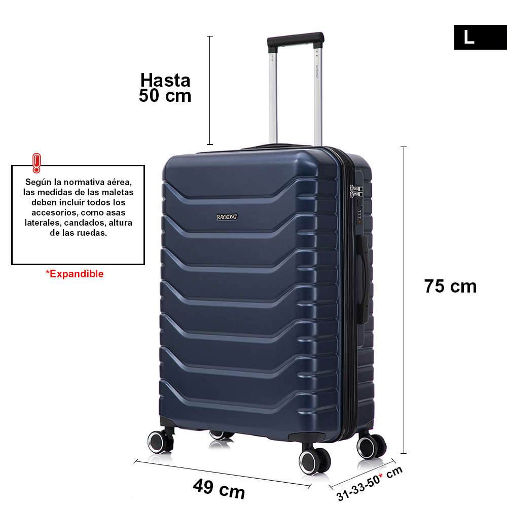 Maleta rígida azul talla L, con asa telescópica, cuatro ruedas y etiquetas de dimensiones.
