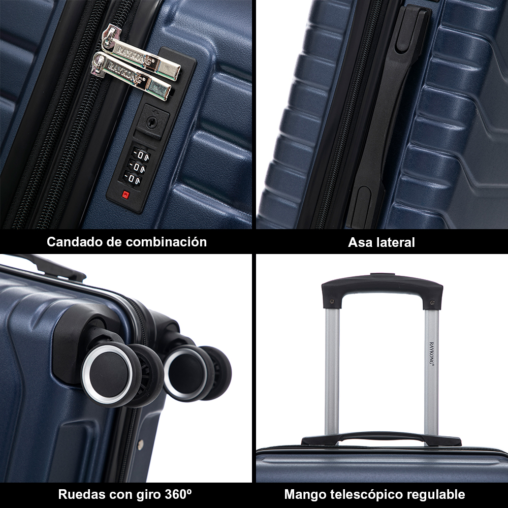 Cuatro imágenes muestran detalles de una maleta azul: cerradura, asa, ruedas 360 grados y mango telescópico.