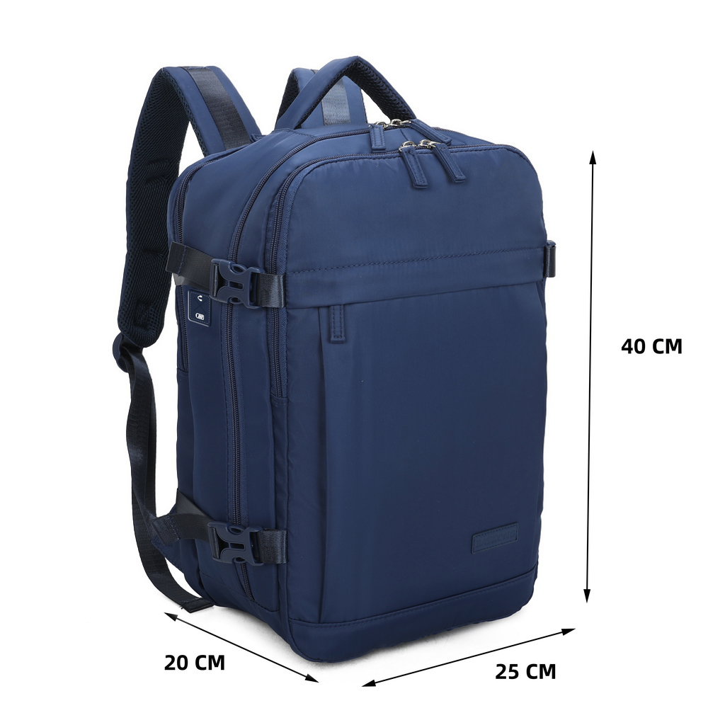 Mochila azul con correas para los hombros, cremalleras y etiquetas de dimensiones.
