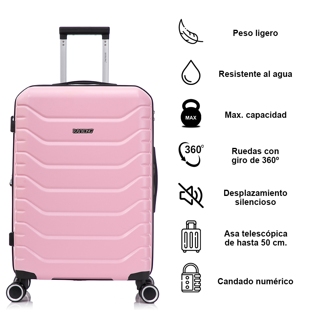 Maleta rígida rosa con asa telescópica e iconos de características a la derecha.