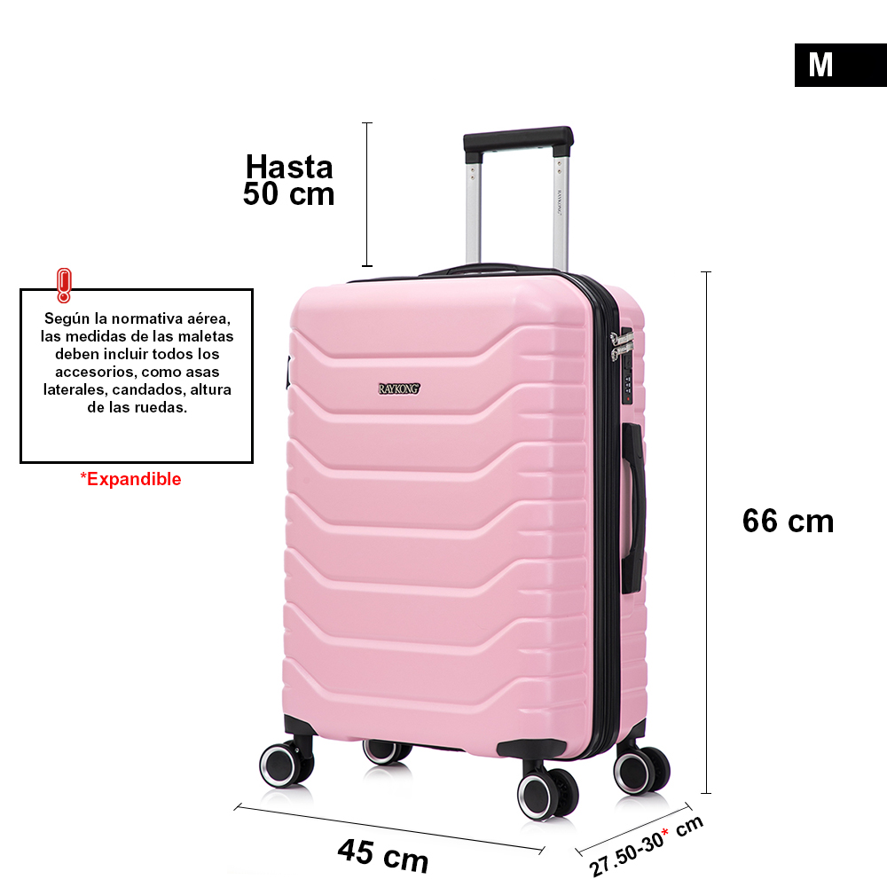 Maleta rosa con ruedas y dimensiones de 66x45 cm.
