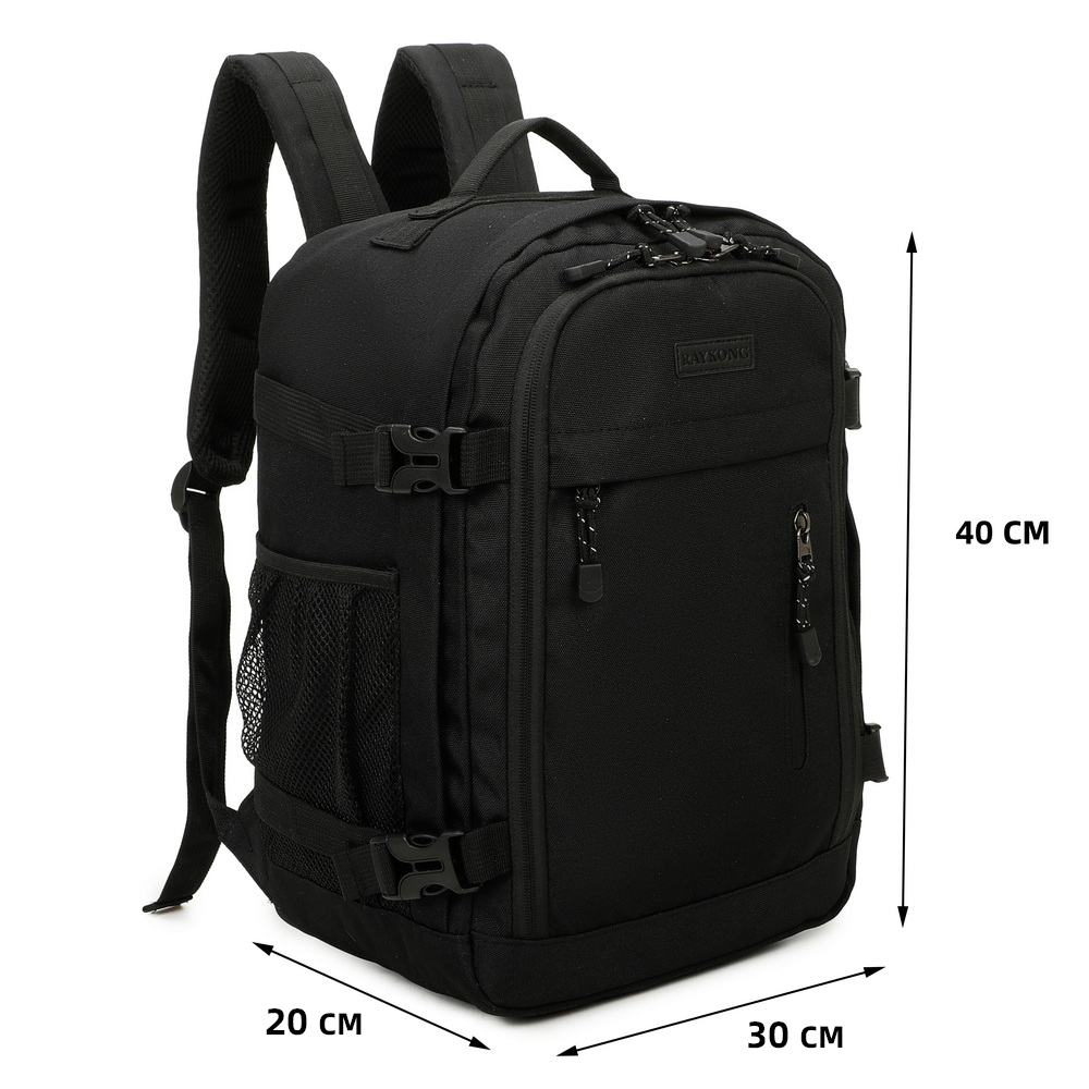Una mochila negra con dimensiones de 40x30x20 cm sobre fondo blanco.