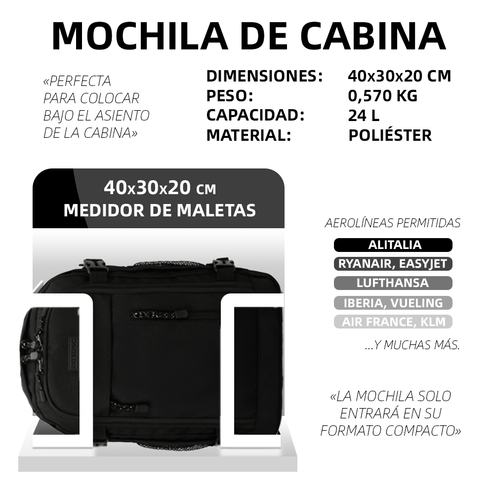 Especificaciones técnicas y dimensiones de una mochila de cabina en un medidor.