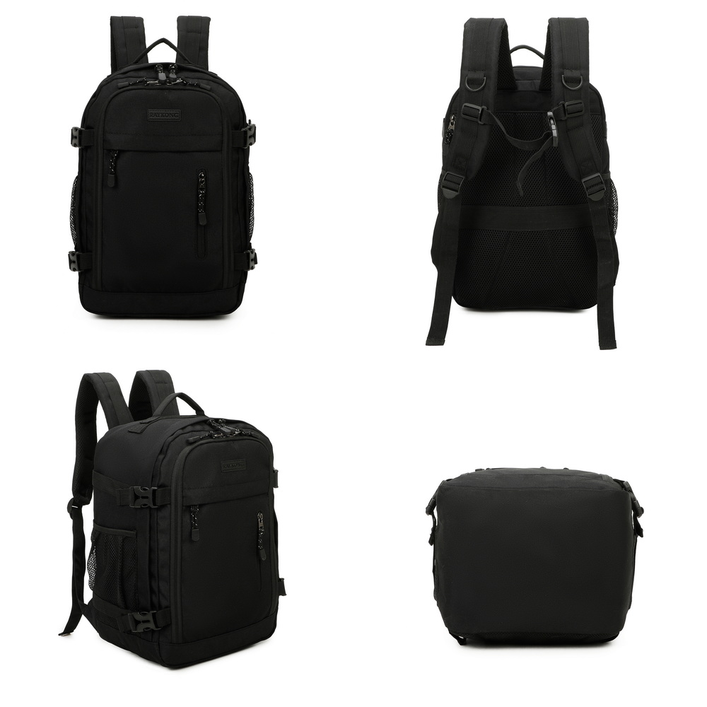 Cuatro vistas de una mochila negra mostrada desde el frente, la espalda, el lateral y la parte inferior.