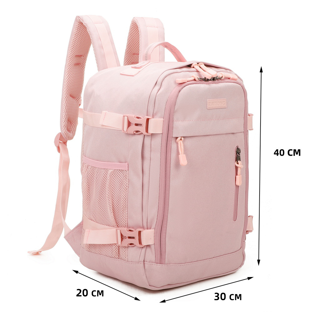 Una mochila rosa claro con bolsillos de malla y correas delanteras, medidas 40x30x20 cm.