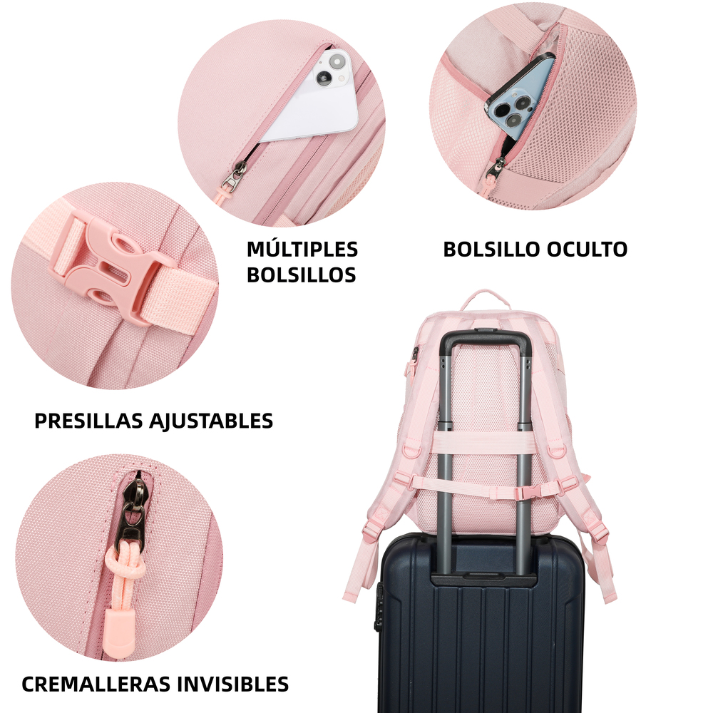 Mochila rosa sobre maleta, con detalles de bolsillos, hebilla y cremalleras.