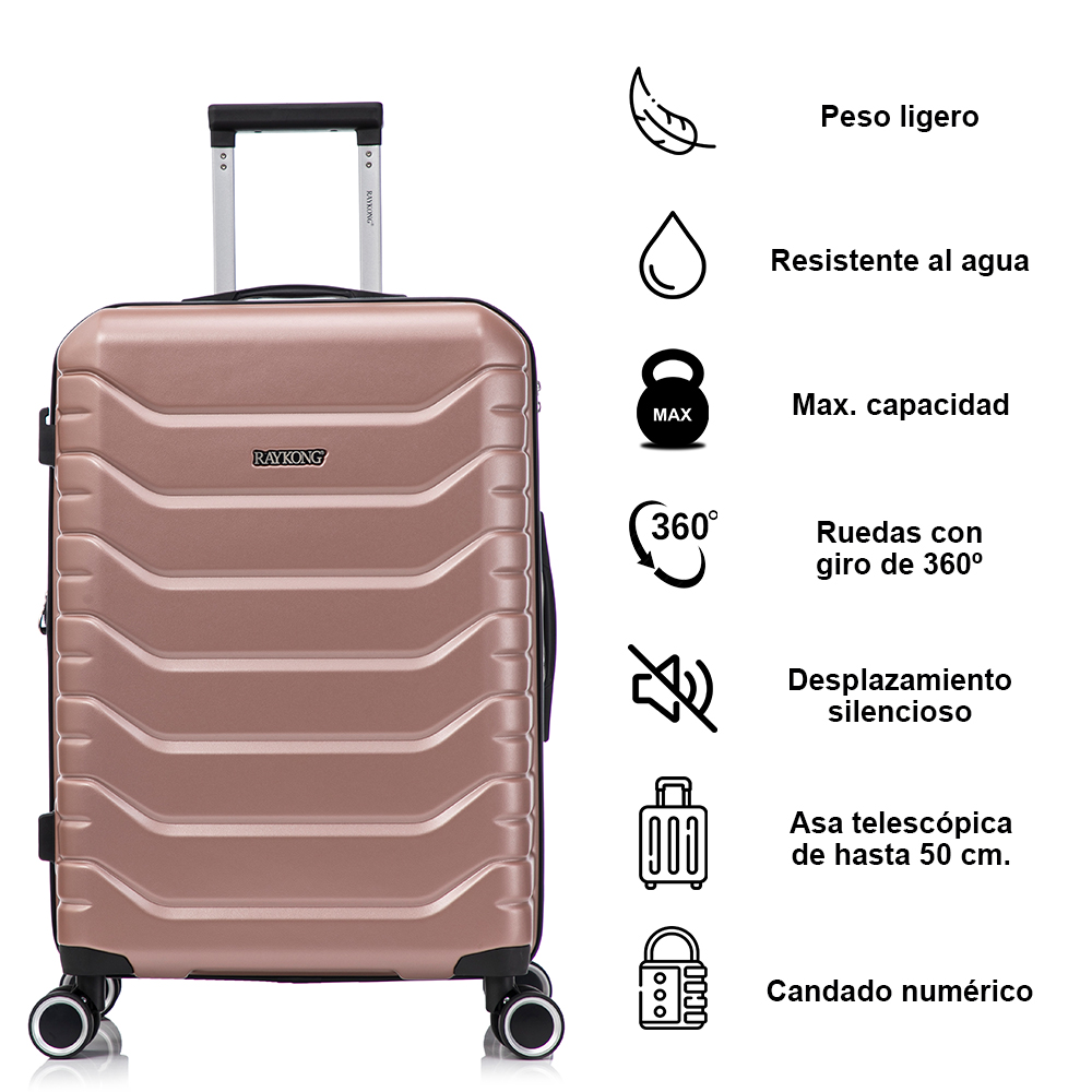 Maleta rosa con asa extensible, ruedas e iconos de características a la derecha.