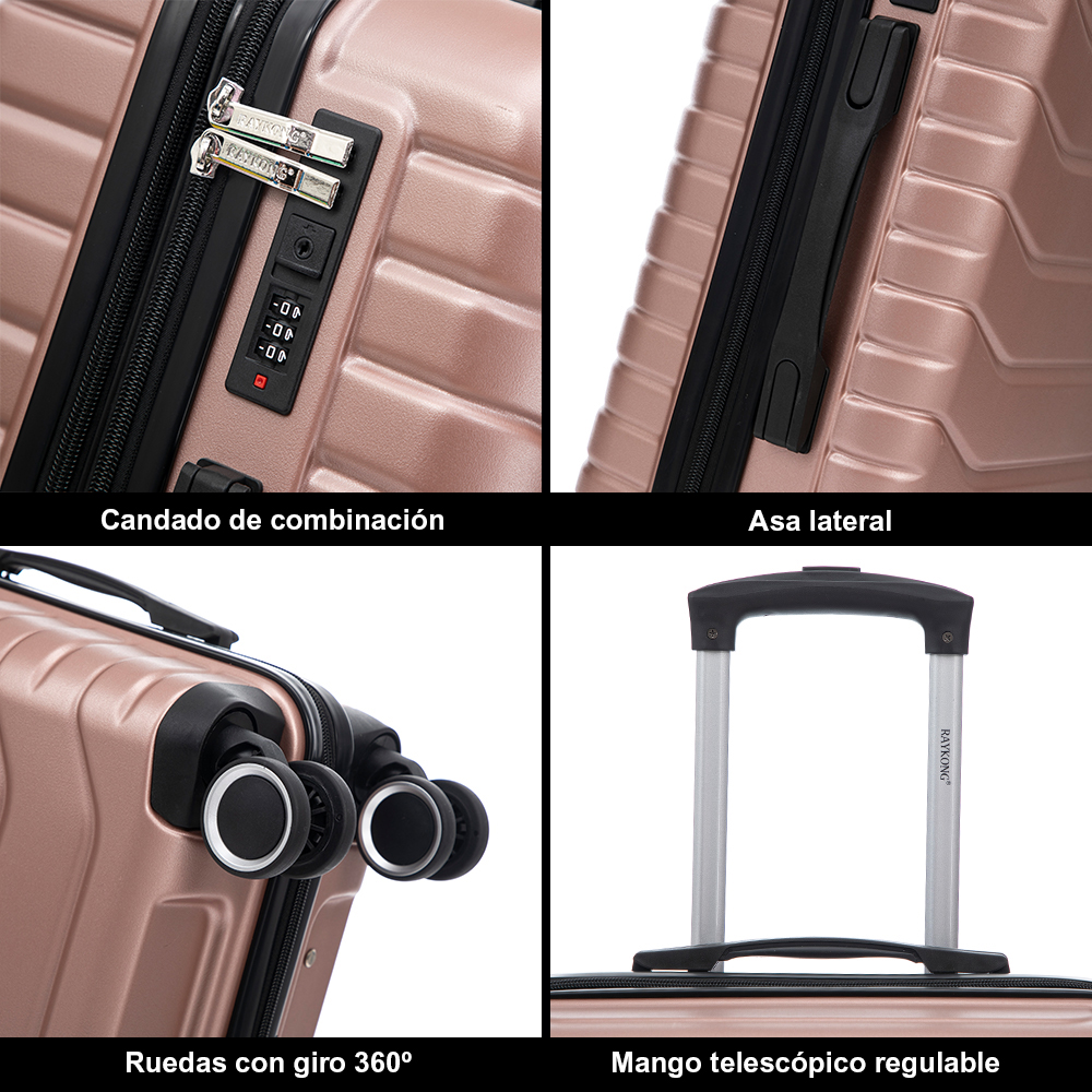 Cuatro vistas de una maleta de oro rosa: candado de combinación, asa lateral, ruedas y mango telescópico.