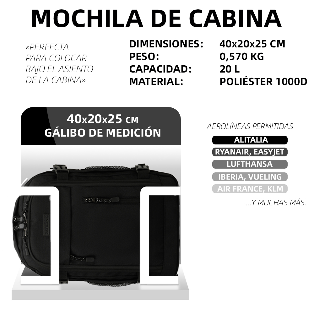 Detalles técnicos de una mochila de cabina negra 40x20x25 cm con aerolíneas.