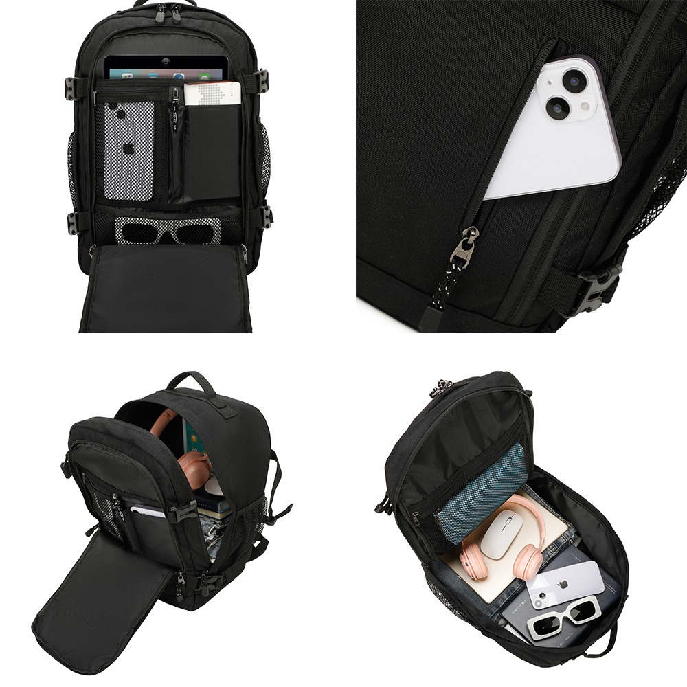 Una mochila negra mostrada con compartimentos abiertos, revelando artículos organizados como una tablet, teléfono y audífonos.