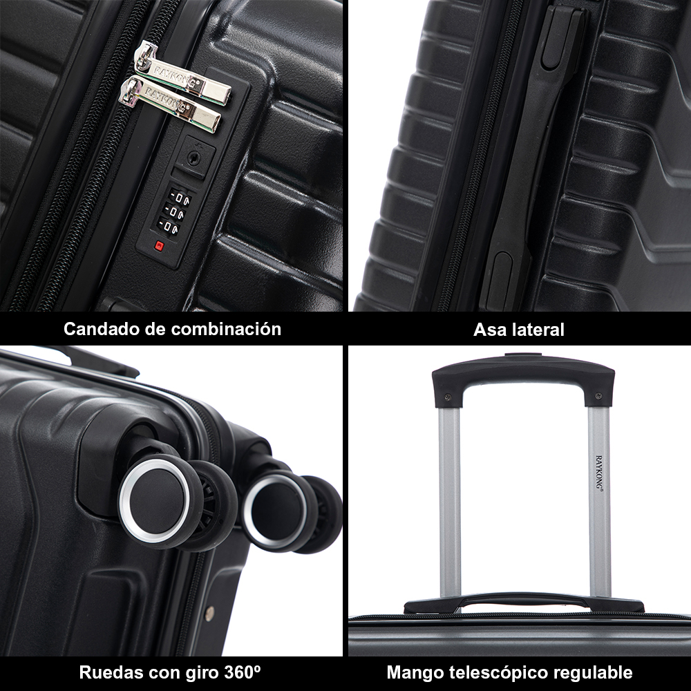 Cuatro imágenes de una maleta negra muestran candado, asa lateral, ruedas de 360 grados y mango telescópico.