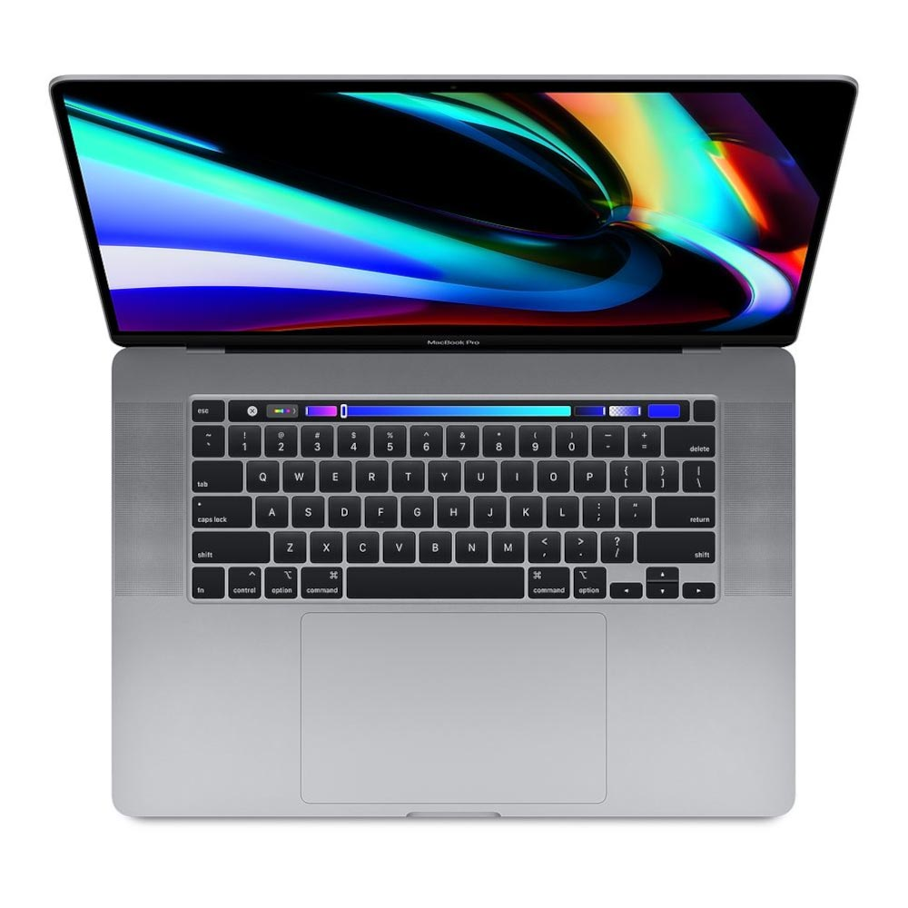 Otwarty laptop MacBook Pro z kolorowym ekranem, czarną klawiaturą i paskiem Touch Bar na białym tle.