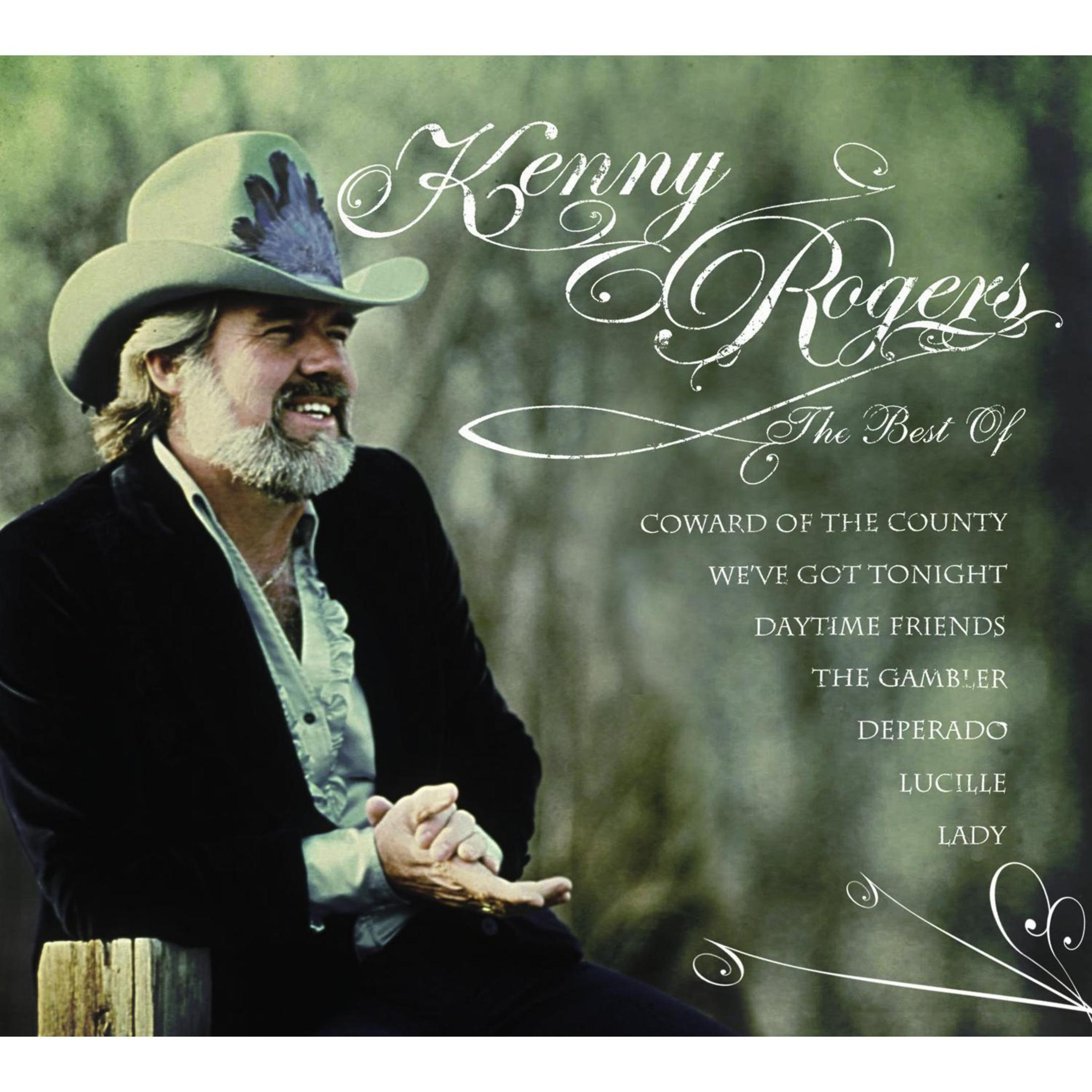Kenny Rogers in einem Cowboyhut und dunkler Jacke vor verschwommenem Hintergrund mit Albumtext.