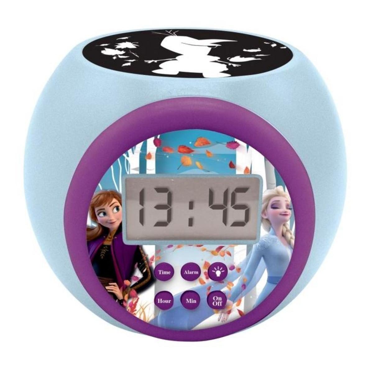 Blauer Frozen-Kinderwecker mit digitaler Anzeige, Anna und Elsa auf der Vorderseite und Olaf-Motiv oben.