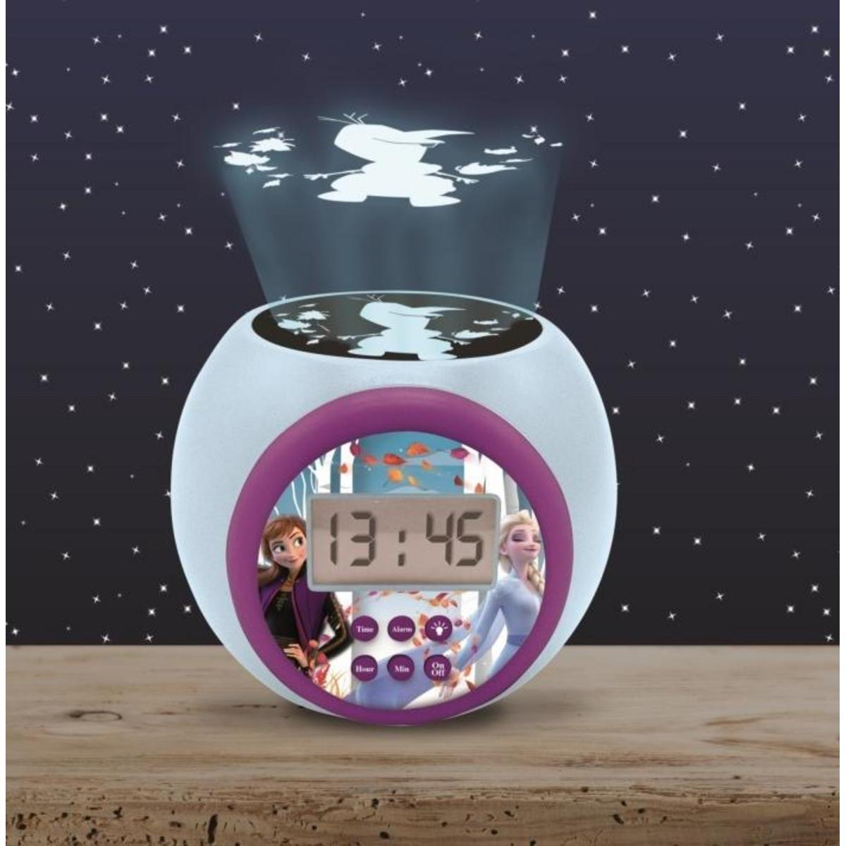 Eine runde Frozen-Uhr auf Holz, die Olaf an die Wand projiziert.