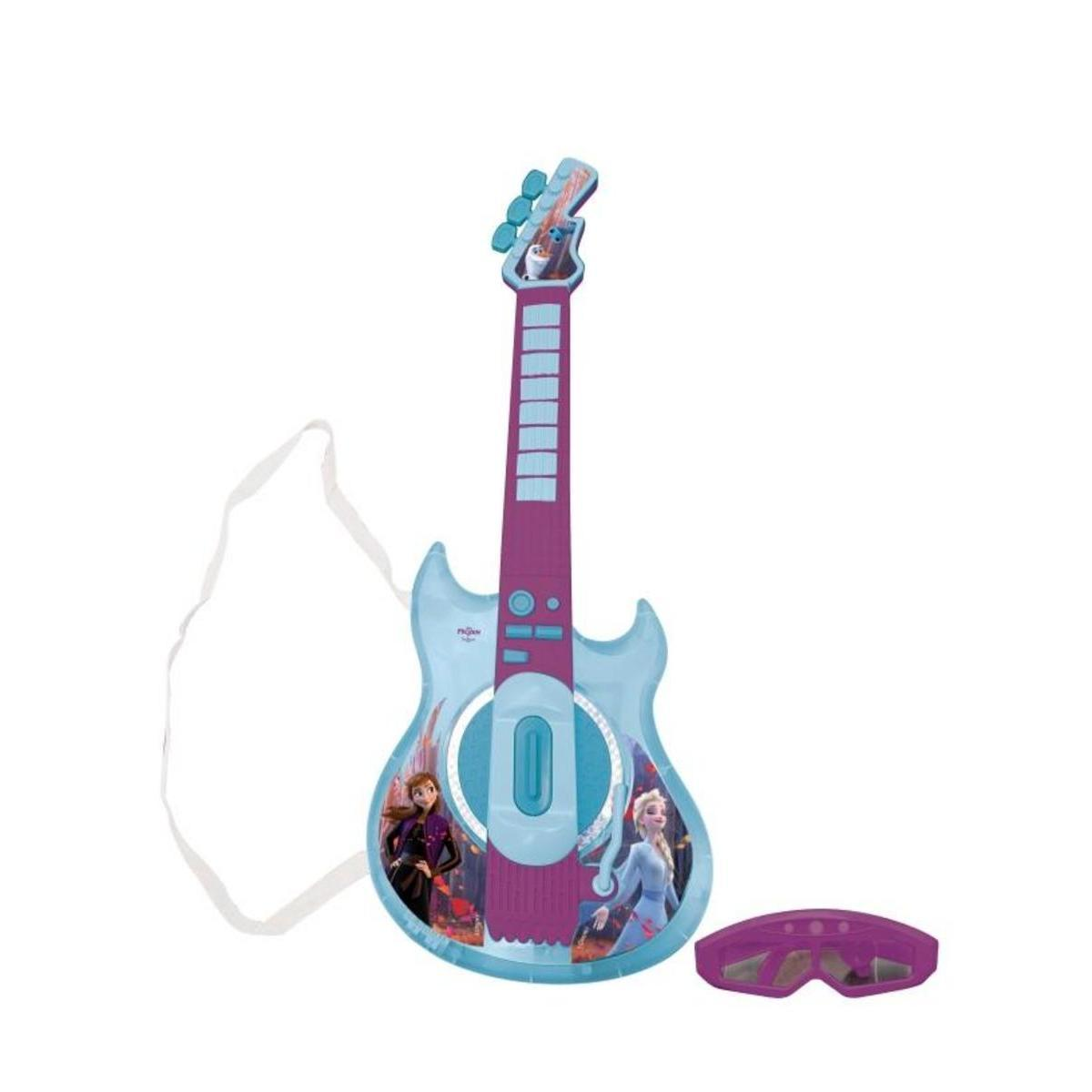 Una guitarra de juguete de Frozen en azul y morado con correa blanca y gafas de sol moradas.