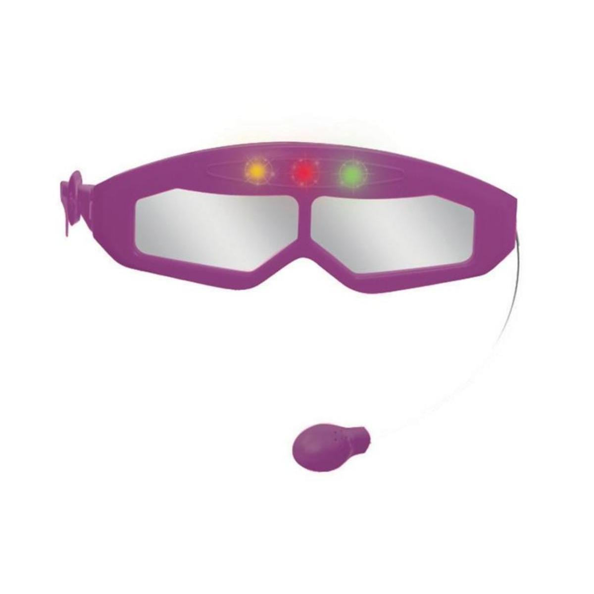 Gafas de espía moradas con luces LED amarillas, rojas y verdes sobre lentes espejadas y un pequeño botón.