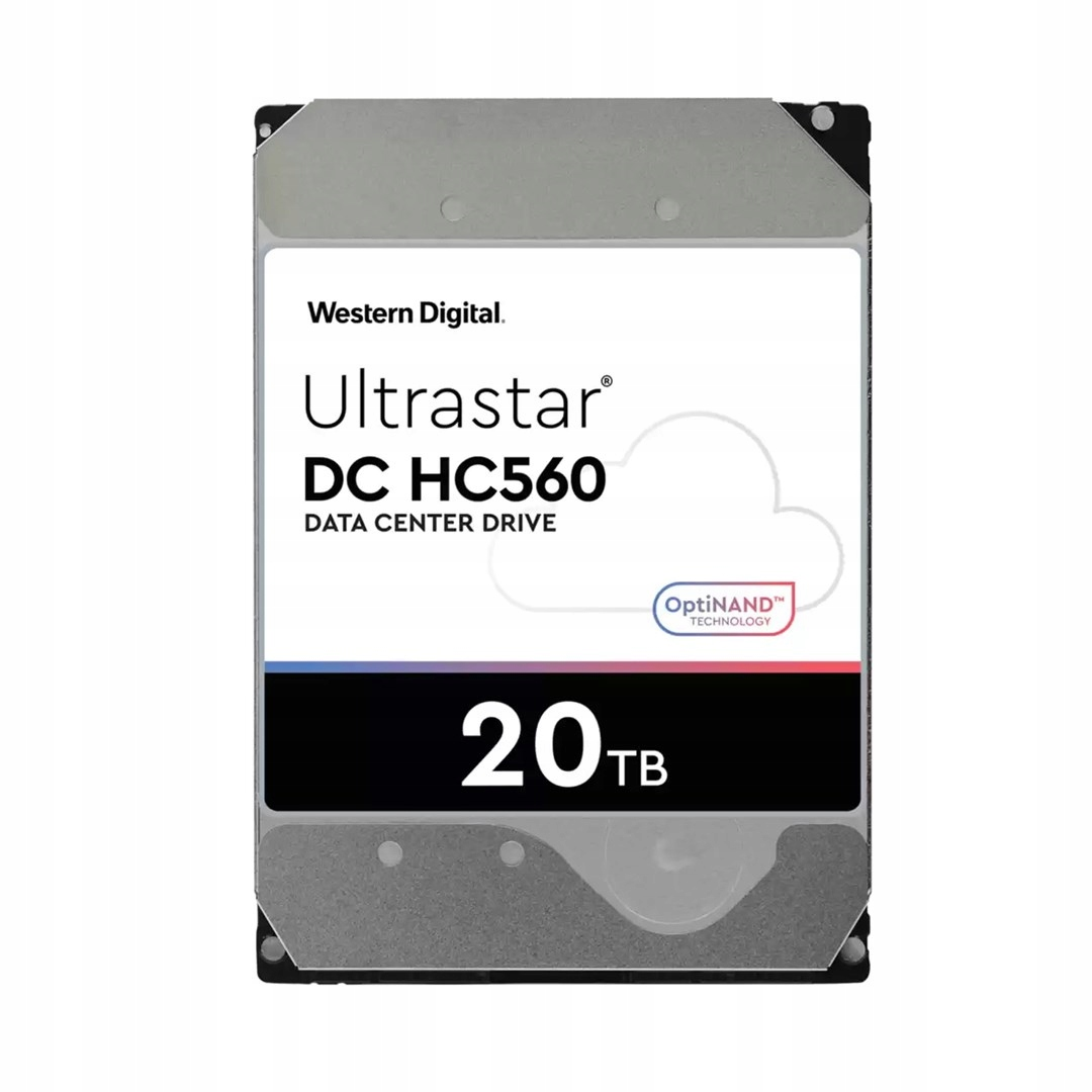 Western Digital Ultrastar DC HC560 20TB data center hard drive label showing capacity and brand.