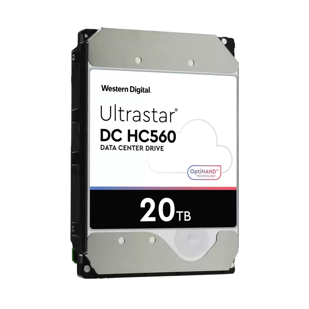 Western Digital Ultrastar DC HC560 20TB hard drive on white background.