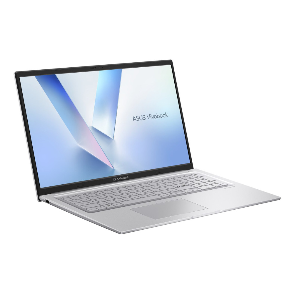 Srebrny laptop ASUS Vivobook otwarty na białej powierzchni, z niebieską abstrakcyjną tapetą.