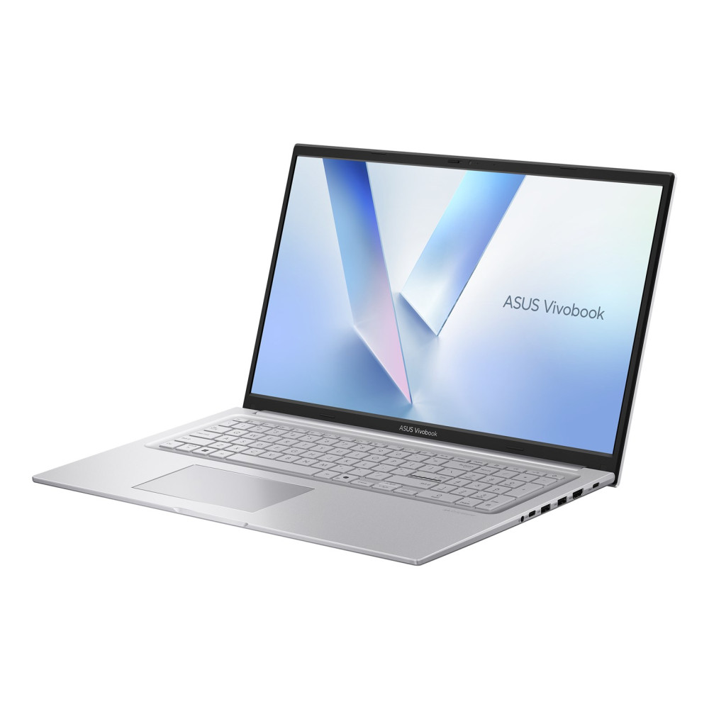 Srebrny laptop ASUS Vivobook z otwartym ekranem i niebieskim tłem.