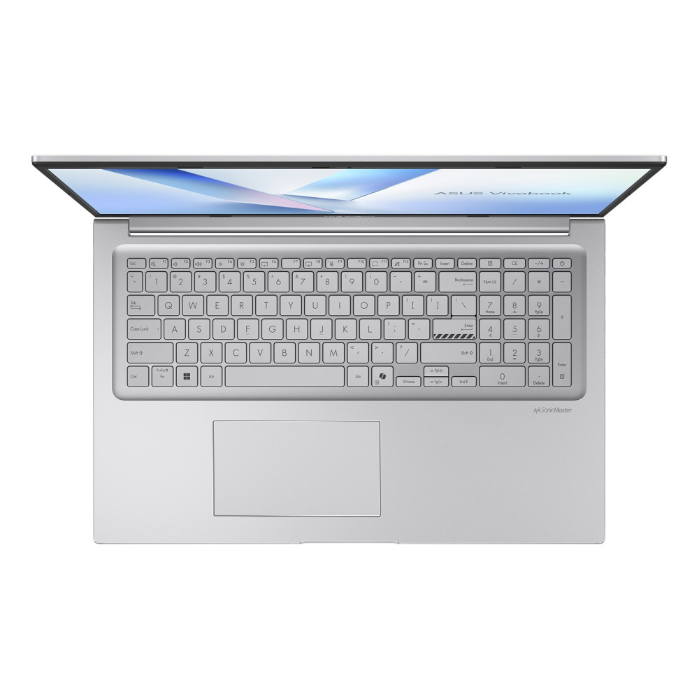 Widok z góry na srebrny laptop Asus Vivobook z otwartym ekranem i klawiaturą.