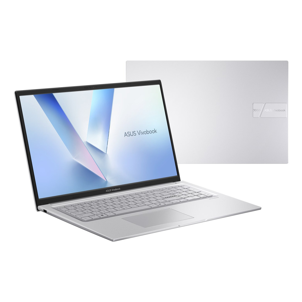 Srebrny laptop ASUS Vivobook jest otwarty, a w tle widać jego zamkniętą pokrywę z logo.