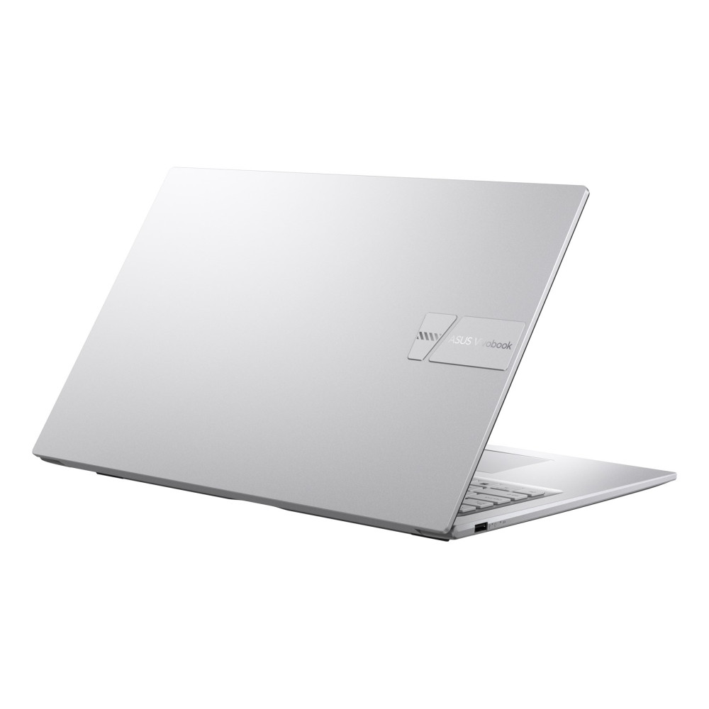 Srebrny laptop ASUS Vivobook pokazany jest od tyłu w ujęciu pod kątem na białym tle.