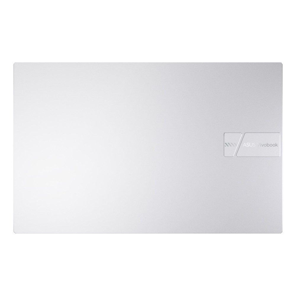 Zamknięta, srebrna górna pokrywa laptopa ASUS Vivobook z małą etykietą z logo marki.