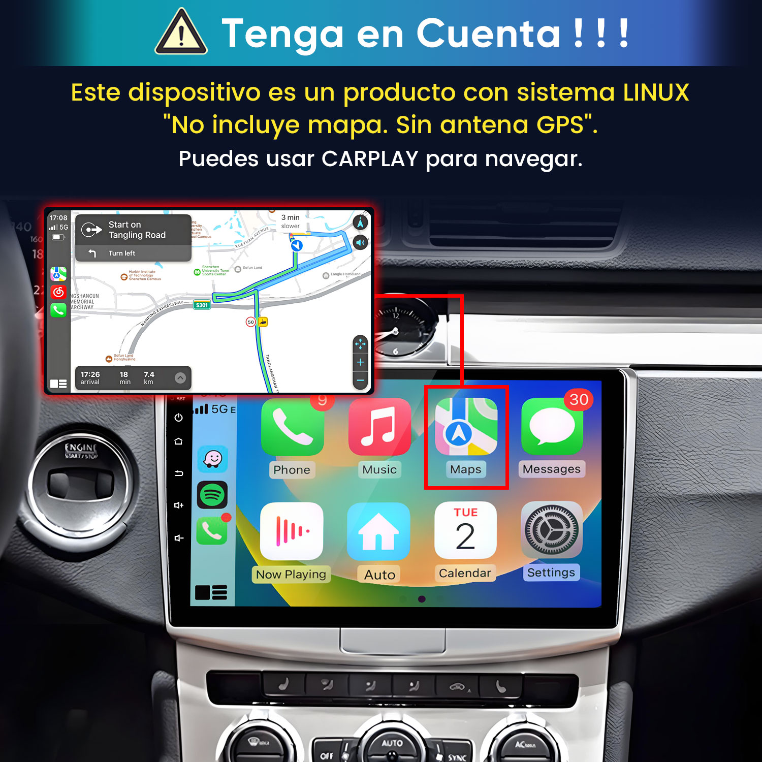 Pantalla de autorradio Linux con apps de CarPlay, navegación y texto en español arriba.