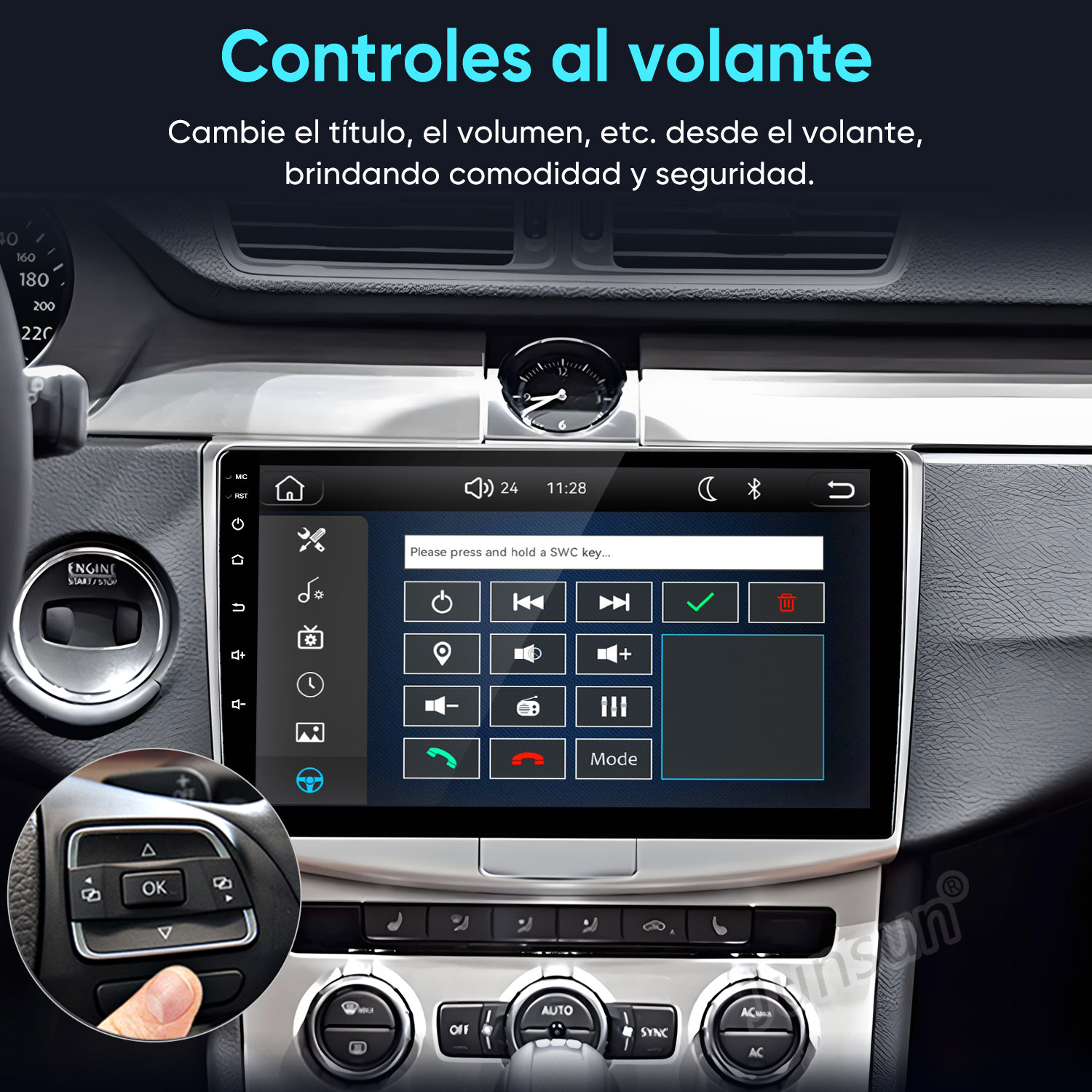 Interior de coche con pantalla táctil y controles en el volante.