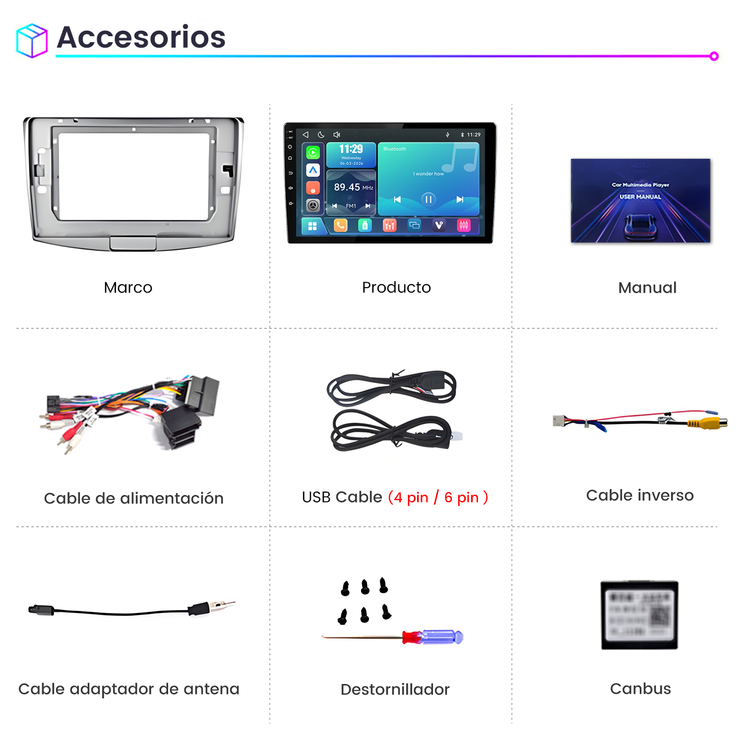 Diagrama que muestra accesorios de coche incluyendo radio, cables, marco y destornillador con etiquetas.