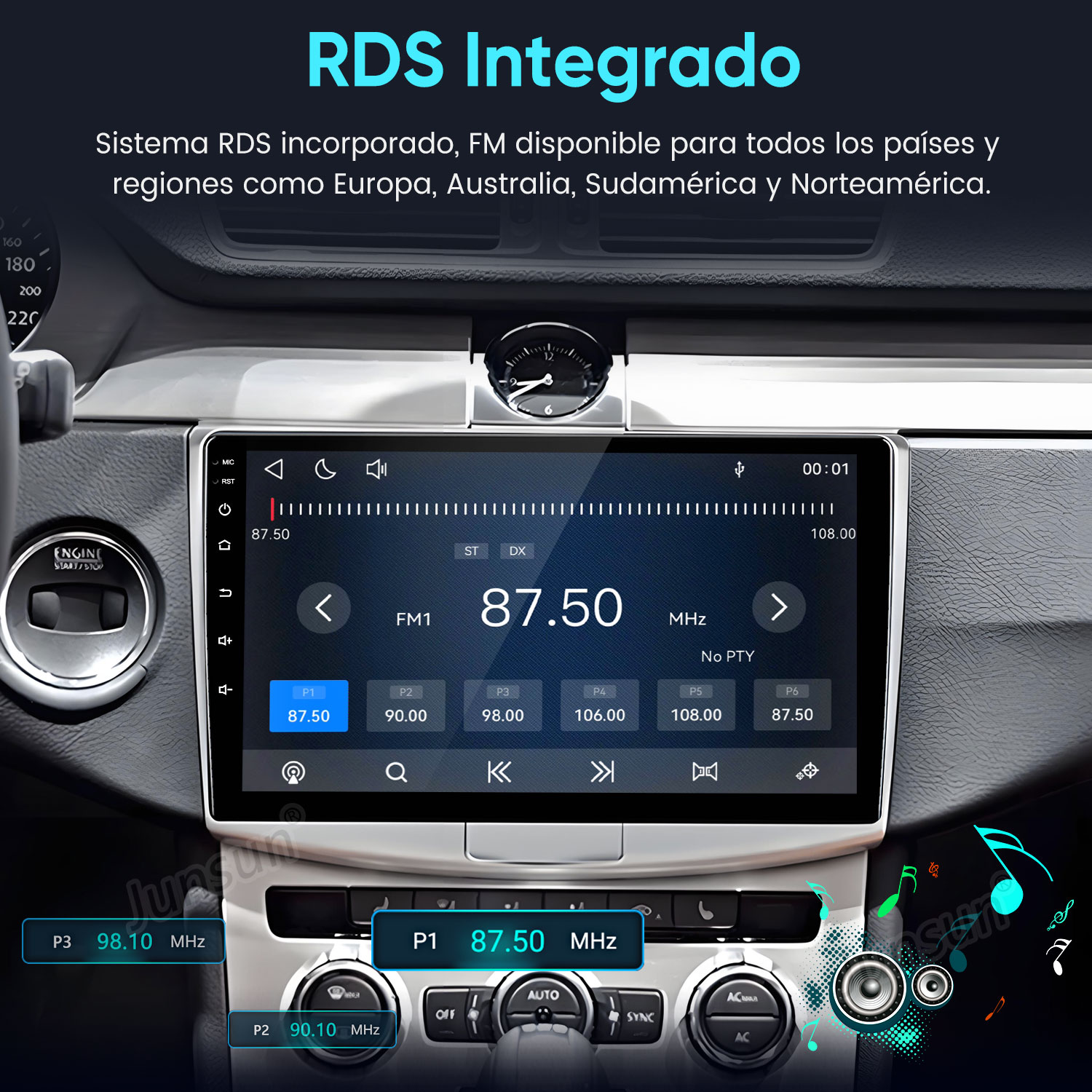 Una pantalla multimedia de coche muestra una emisora de radio FM, rodeada por elementos del salpicadero.