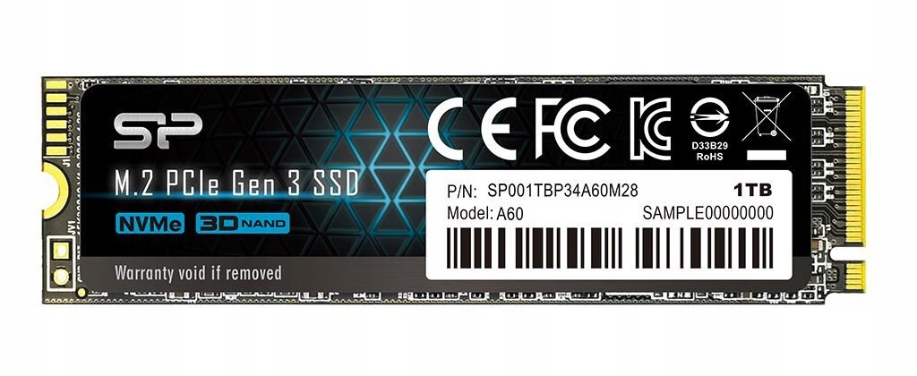 A black M.2 PCIe Gen 3 NVMe SSD with 1TB storage, CE and FCC logos, and a white barcode sticker.