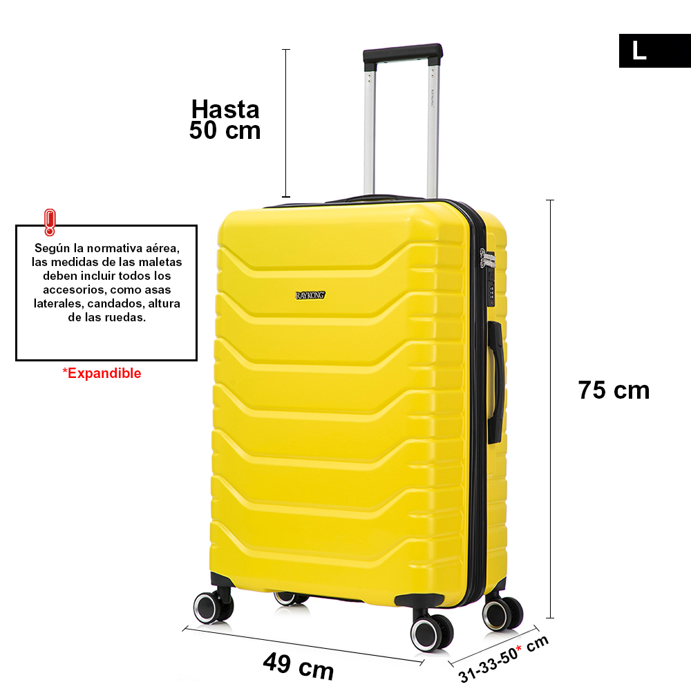Maleta rígida de color amarillo brillante con asa extensible, cuatro ruedas e indicadores de dimensiones.