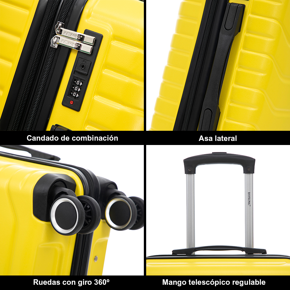 Cuatro imágenes muestran detalles de una maleta amarilla: candado, asa, ruedas de 360 grados y mango telescópico.