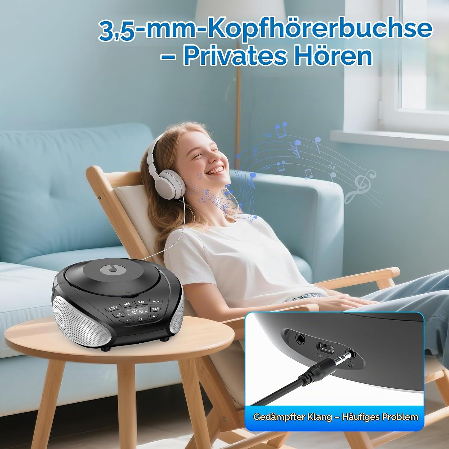Mädchen mit Kopfhörern im Liegestuhl mit CD-Player.