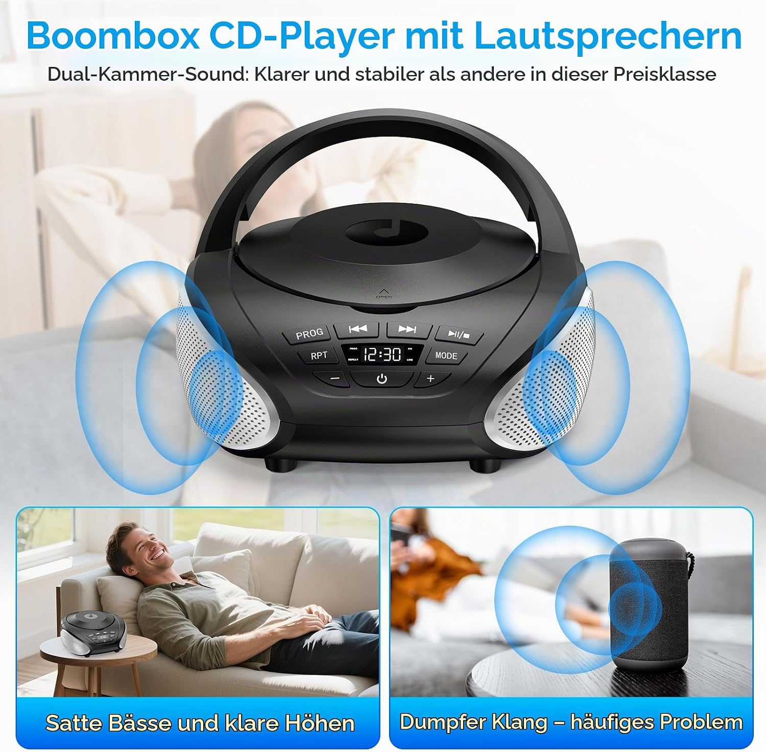 Ein schwarzer Boombox-CD-Player mit Lautsprechern, Schallwellen und Bildern von sich entspannenden Personen.