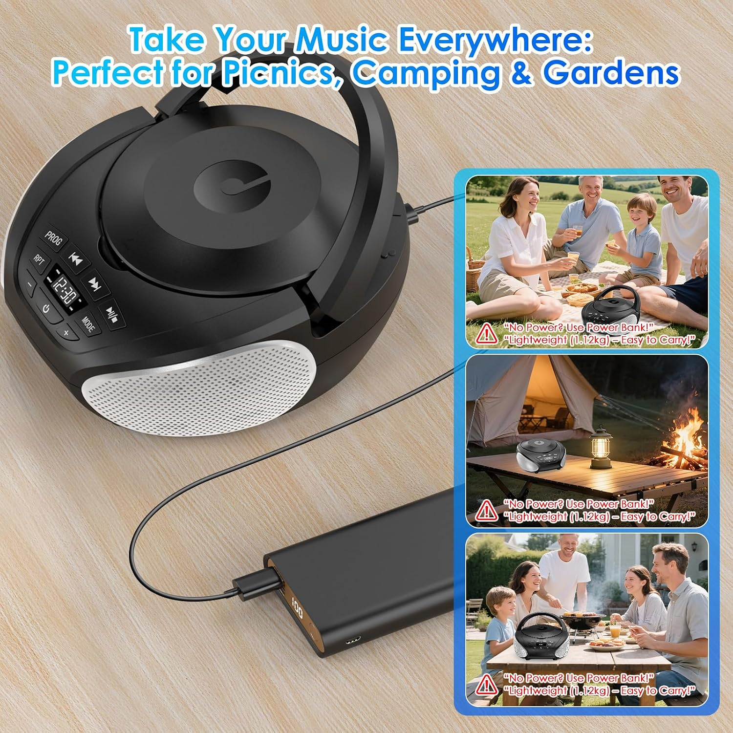 Ein schwarzes tragbares Radio an einer Powerbank, mit Einsatzfotos von Picknicks, Camping und Grillabenden.