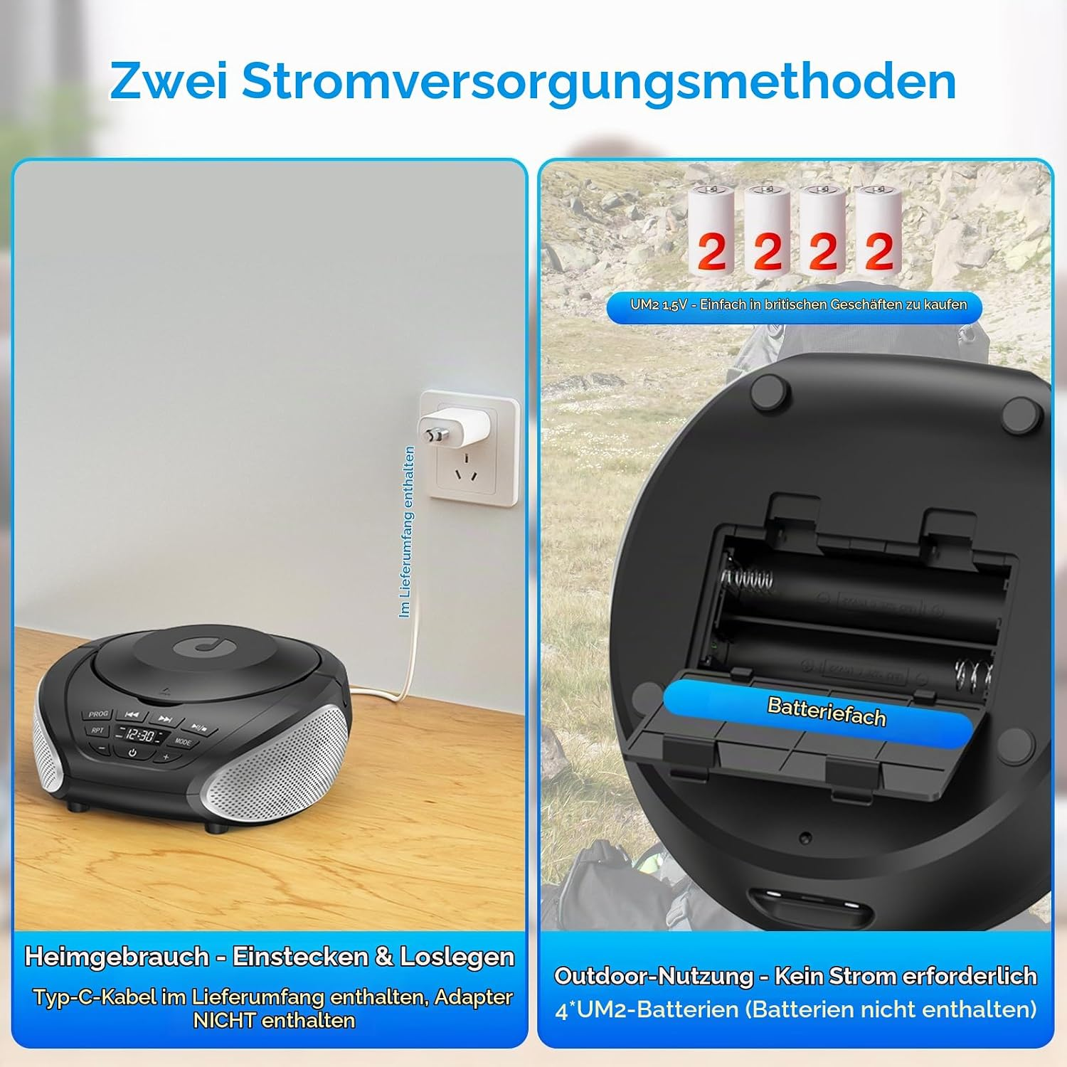 Zwei Stromversorgungsmethoden: Netzteil für den Innenbereich und vier UM2-Batterien für den Außenbereich.