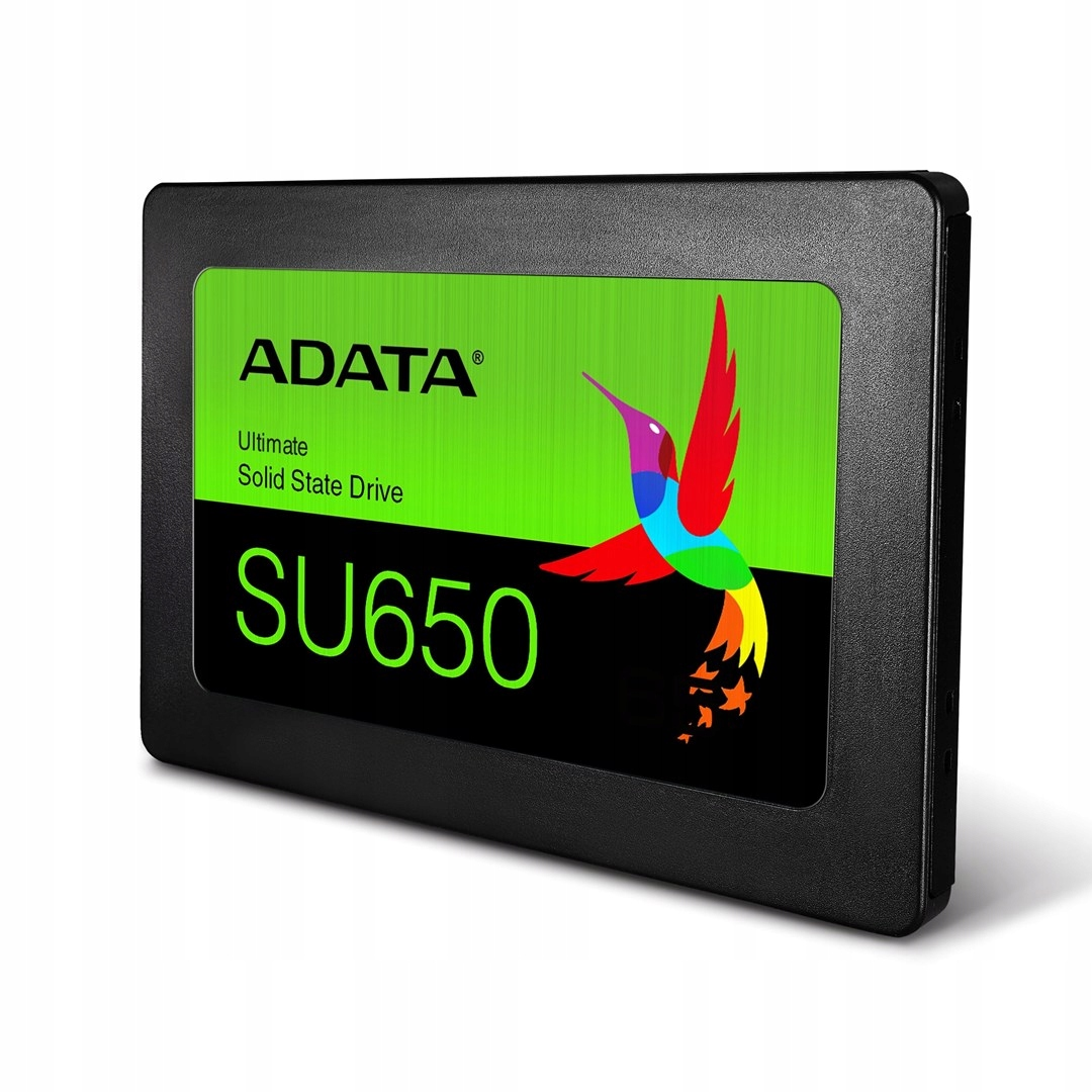 An ADATA SU650 solid state drive with a green and black label featuring a colorful hummingbird graphic.