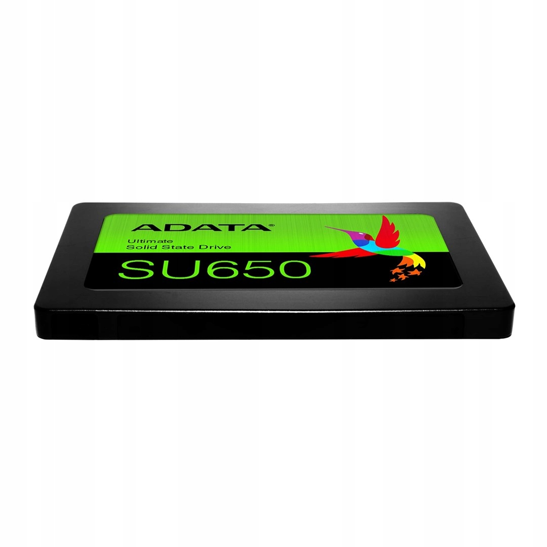 A black ADATA Ultimate SU650 SSD drive with a green sticker and colorful hummingbird logo.