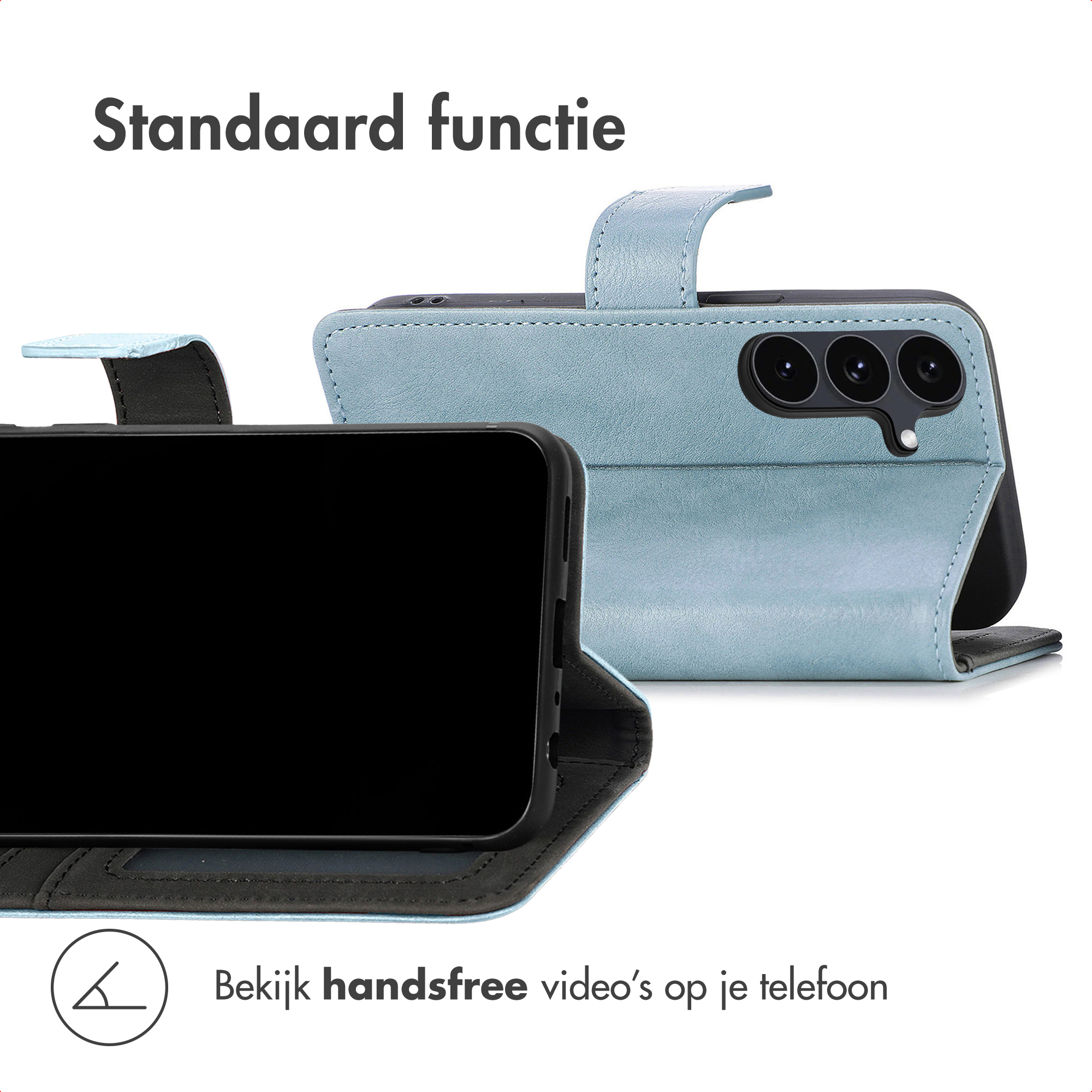Un étui de téléphone bleu clair avec une fonction support intégrée pour visionner mains libres.