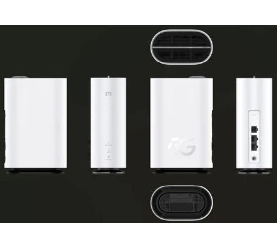 Produktansichten eines weißen ZTE-Routers mit Seiten, Vorder- und Rückseite sowie Ober- und Unterseite.